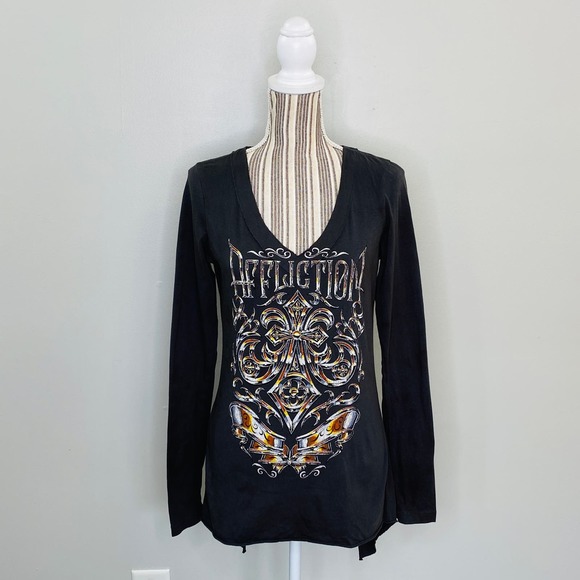 Affliction Tops - Affliction V-Neck Distressed Graphic Tee Women Medium Moto Concert Casual NWT